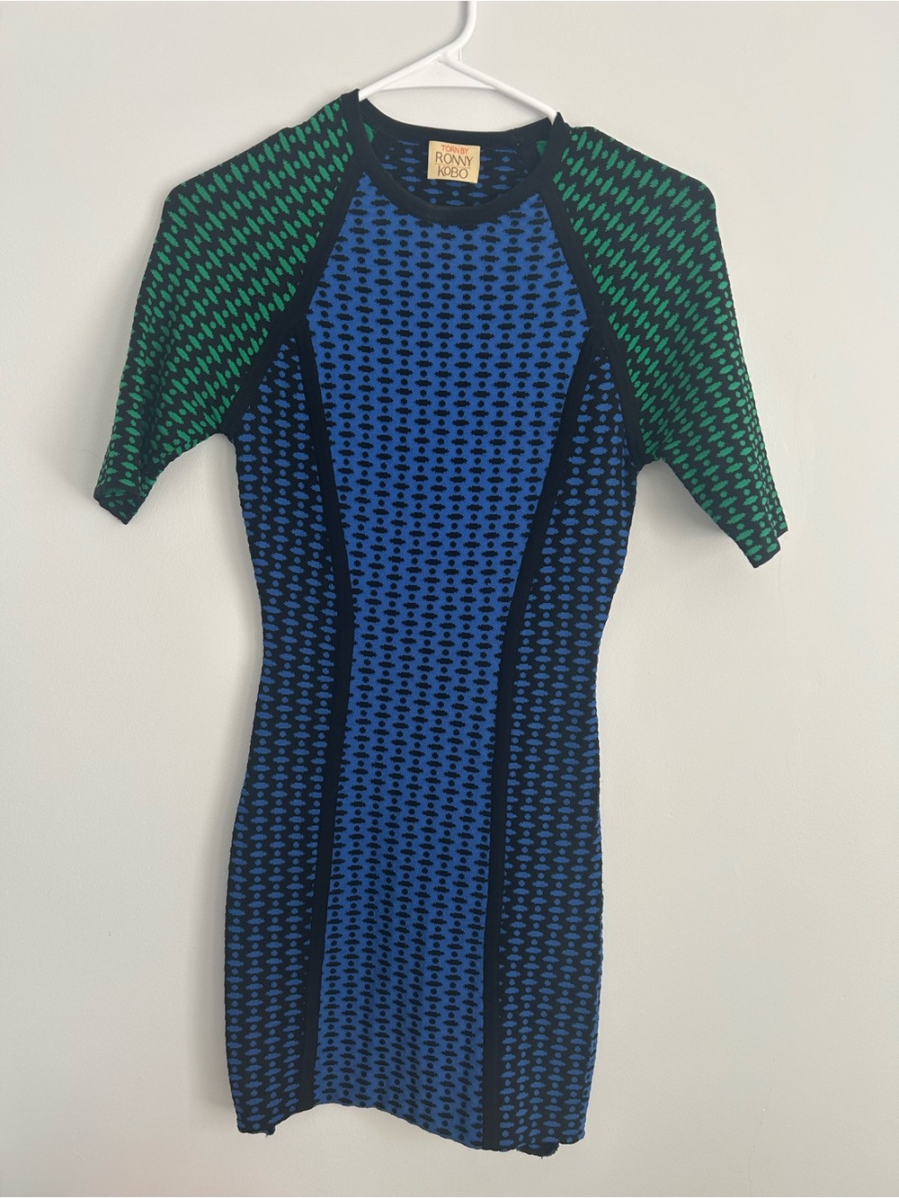Ronny Kobo Collection Blue and Green Knit Raglan Mini Dress